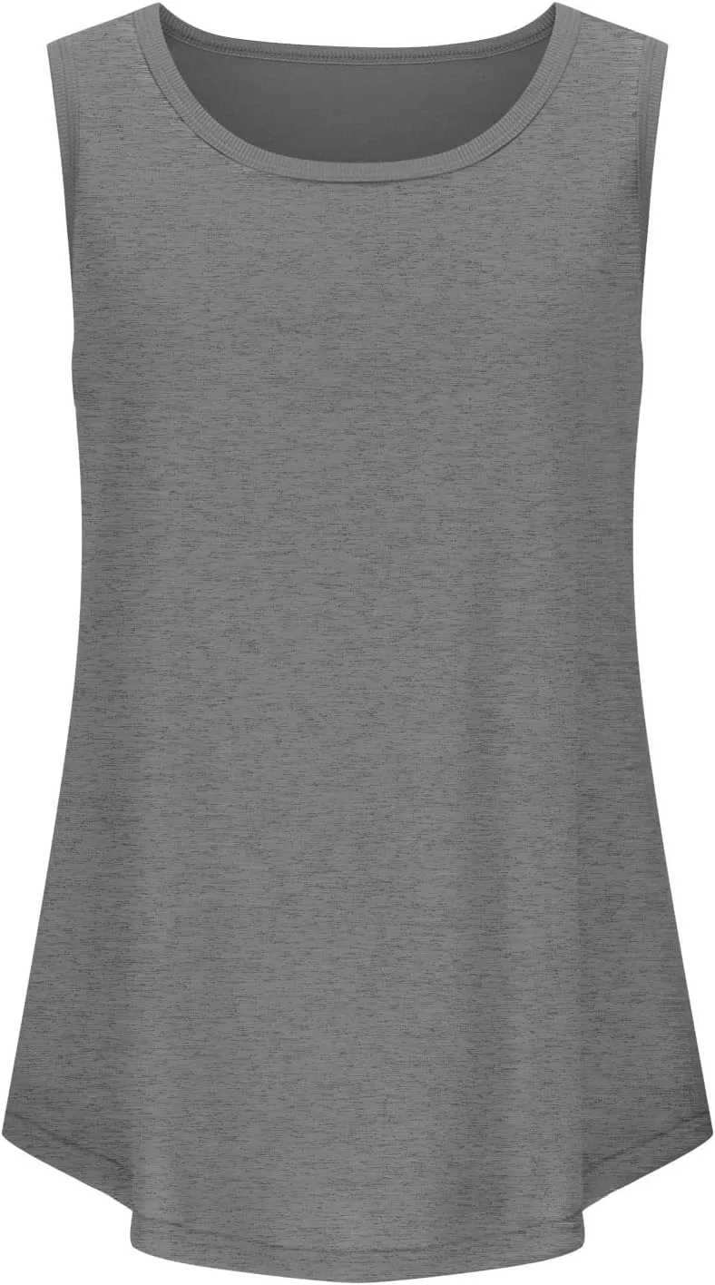 Women Tunic Tank Tops Summer Ribbed Trim Sleeveless T-Shirts Casual Crewneck Curved Hem Flowy Loose Fit Tanks Shirts