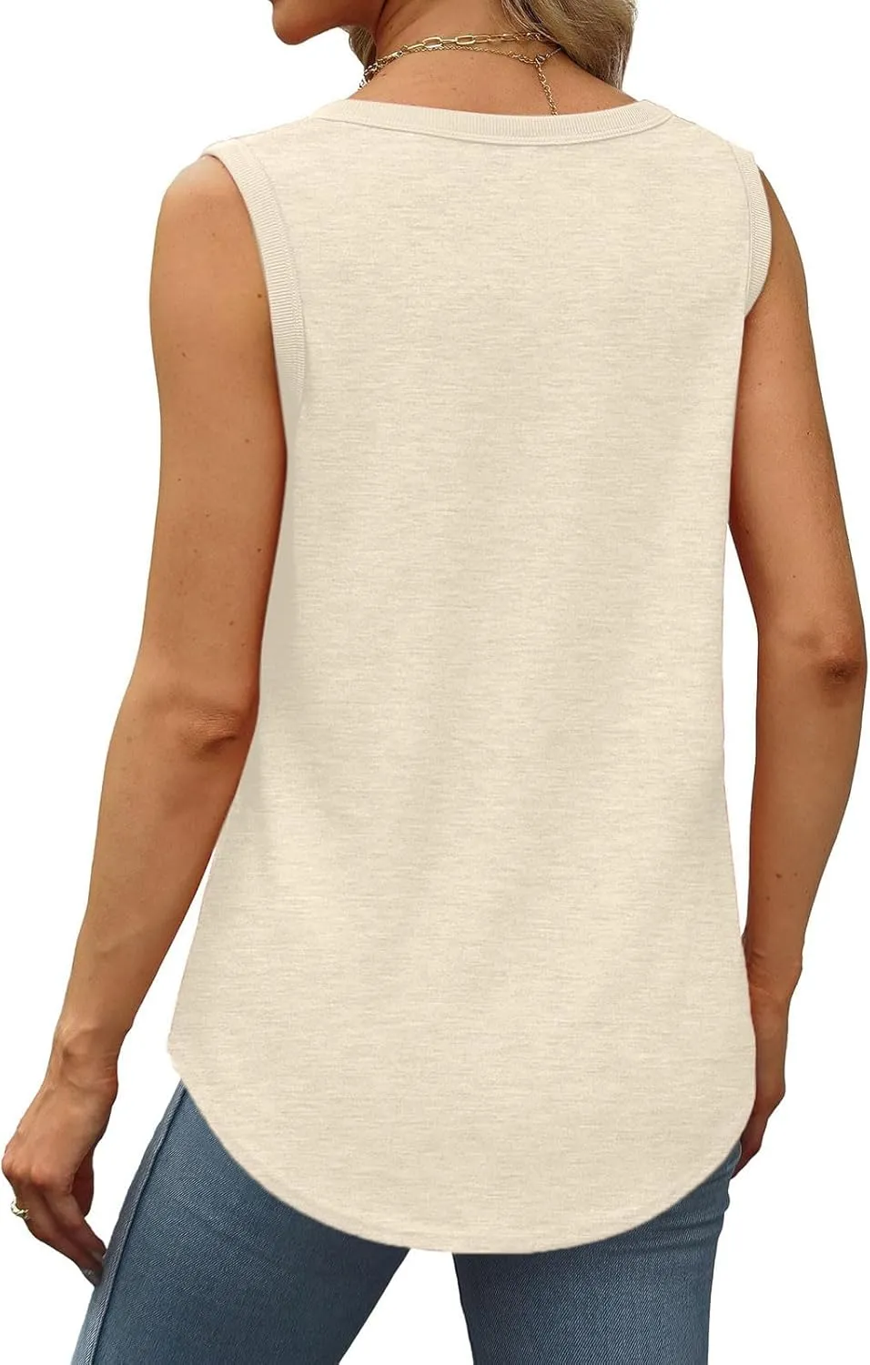 Women Tunic Tank Tops Summer Ribbed Trim Sleeveless T-Shirts Casual Crewneck Curved Hem Flowy Loose Fit Tanks Shirts