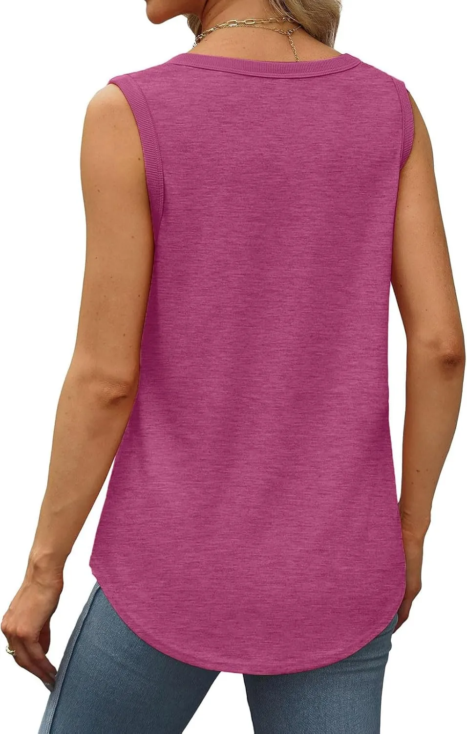 Women Tunic Tank Tops Summer Ribbed Trim Sleeveless T-Shirts Casual Crewneck Curved Hem Flowy Loose Fit Tanks Shirts