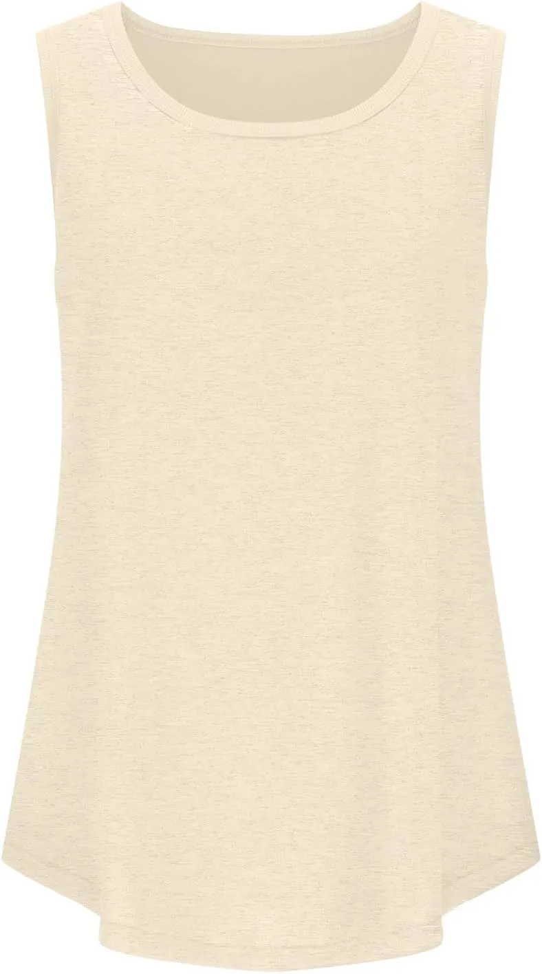 Women Tunic Tank Tops Summer Ribbed Trim Sleeveless T-Shirts Casual Crewneck Curved Hem Flowy Loose Fit Tanks Shirts