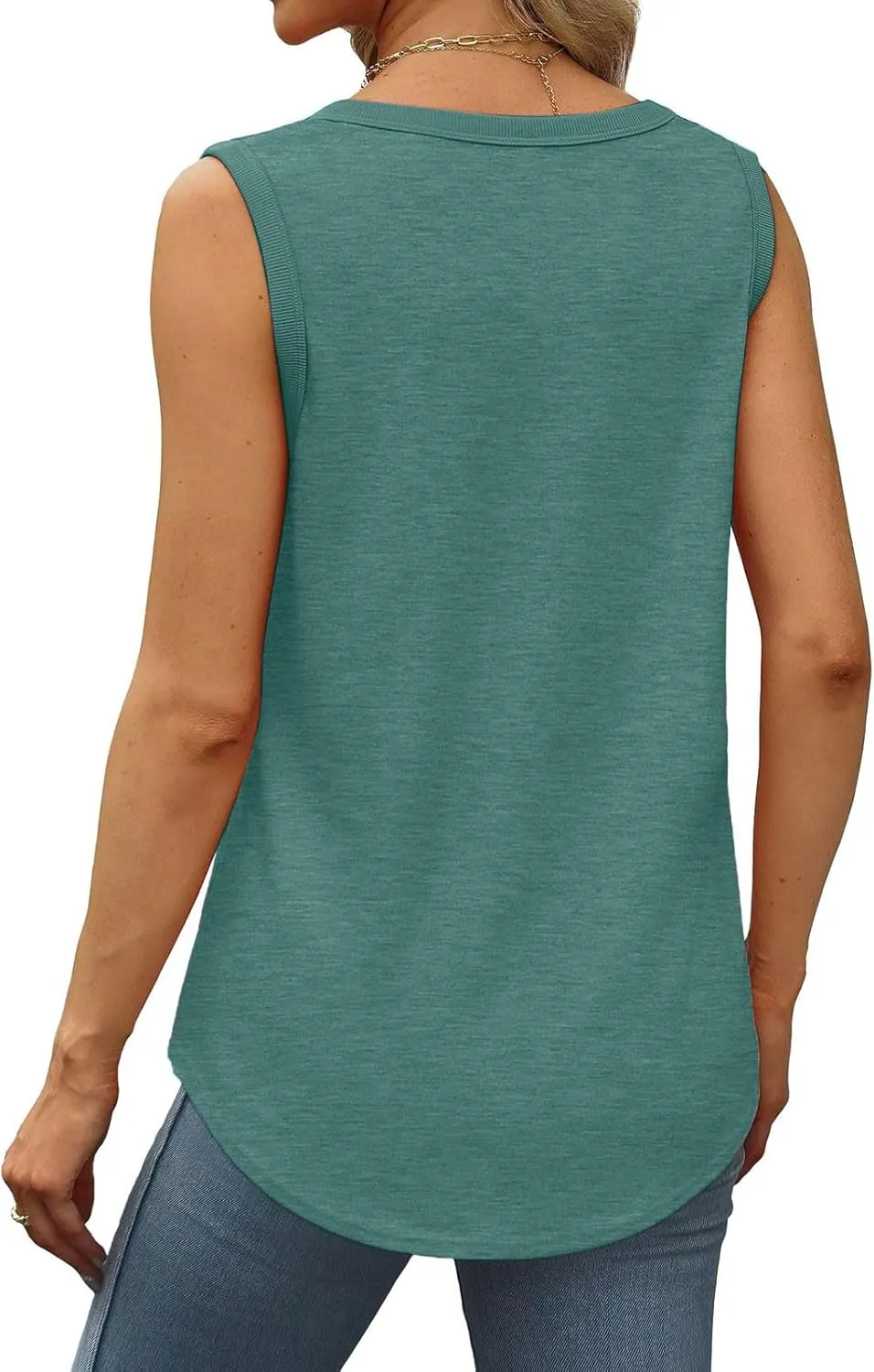 Women Tunic Tank Tops Summer Ribbed Trim Sleeveless T-Shirts Casual Crewneck Curved Hem Flowy Loose Fit Tanks Shirts