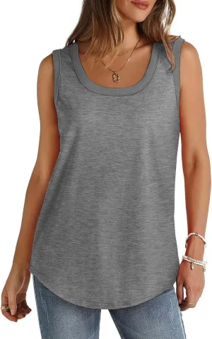 Women Tunic Tank Tops Summer Ribbed Trim Sleeveless T-Shirts Casual Crewneck Curved Hem Flowy Loose Fit Tanks Shirts