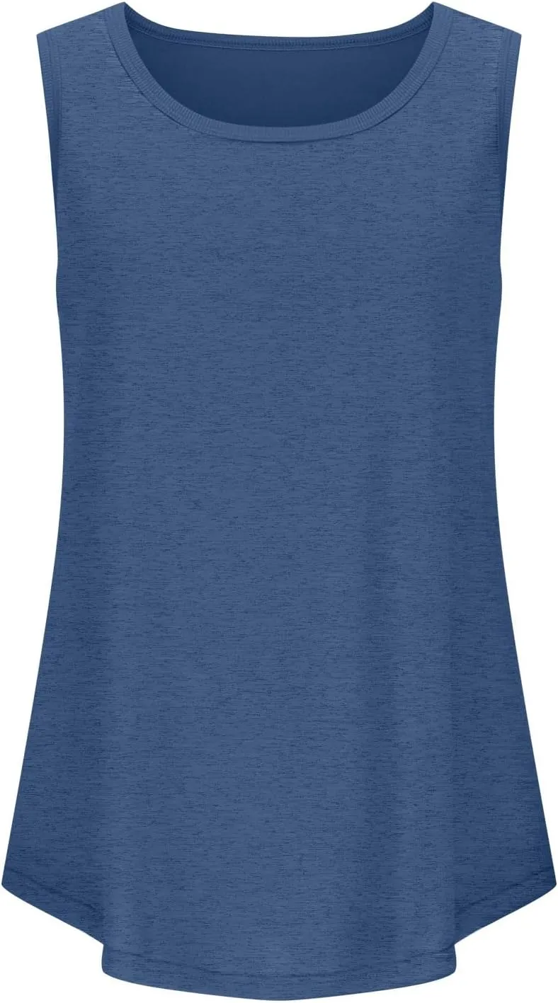 Women Tunic Tank Tops Summer Ribbed Trim Sleeveless T-Shirts Casual Crewneck Curved Hem Flowy Loose Fit Tanks Shirts