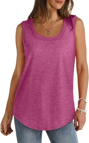Women Tunic Tank Tops Summer Ribbed Trim Sleeveless T-Shirts Casual Crewneck Curved Hem Flowy Loose Fit Tanks Shirts