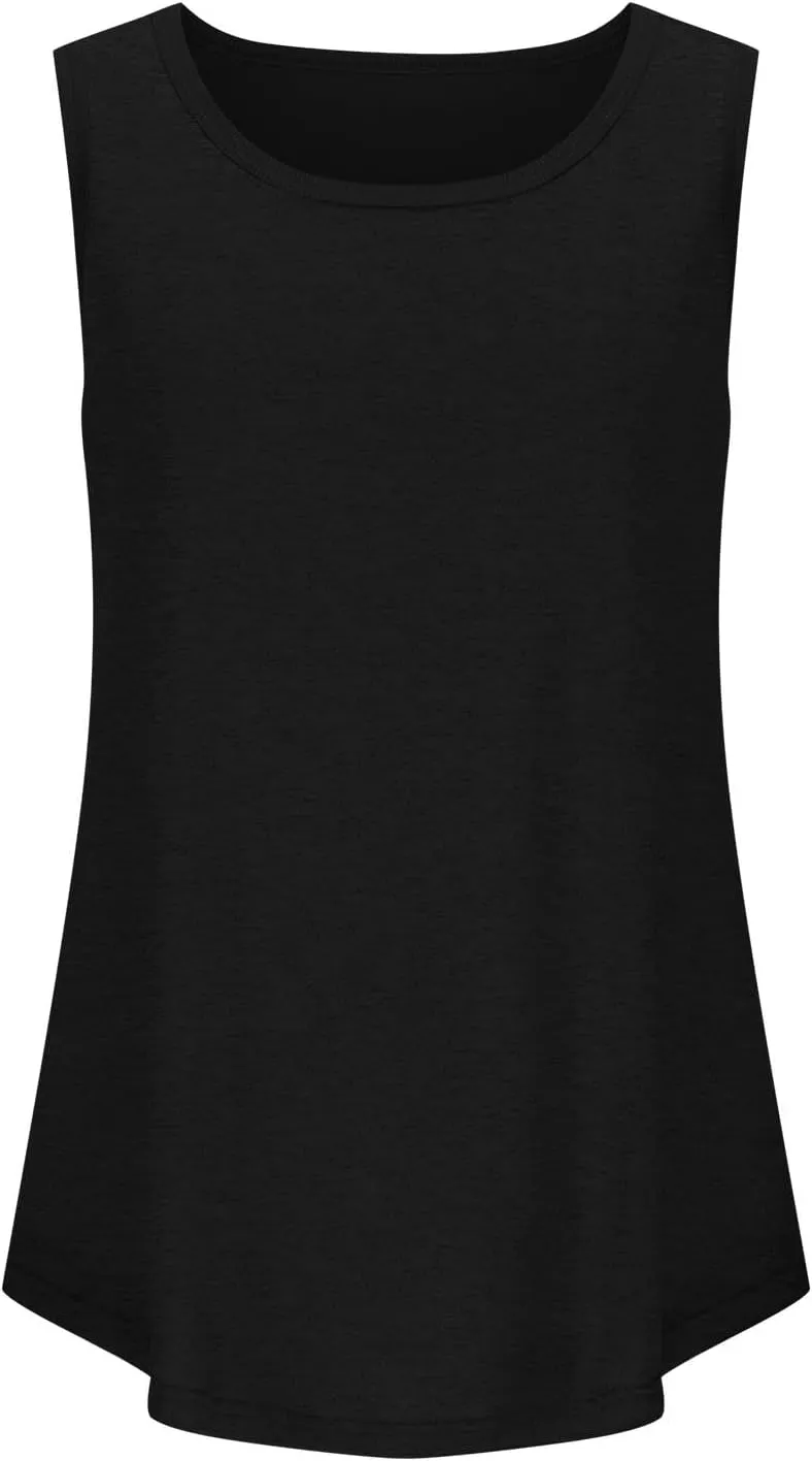 Women Tunic Tank Tops Summer Ribbed Trim Sleeveless T-Shirts Casual Crewneck Curved Hem Flowy Loose Fit Tanks Shirts