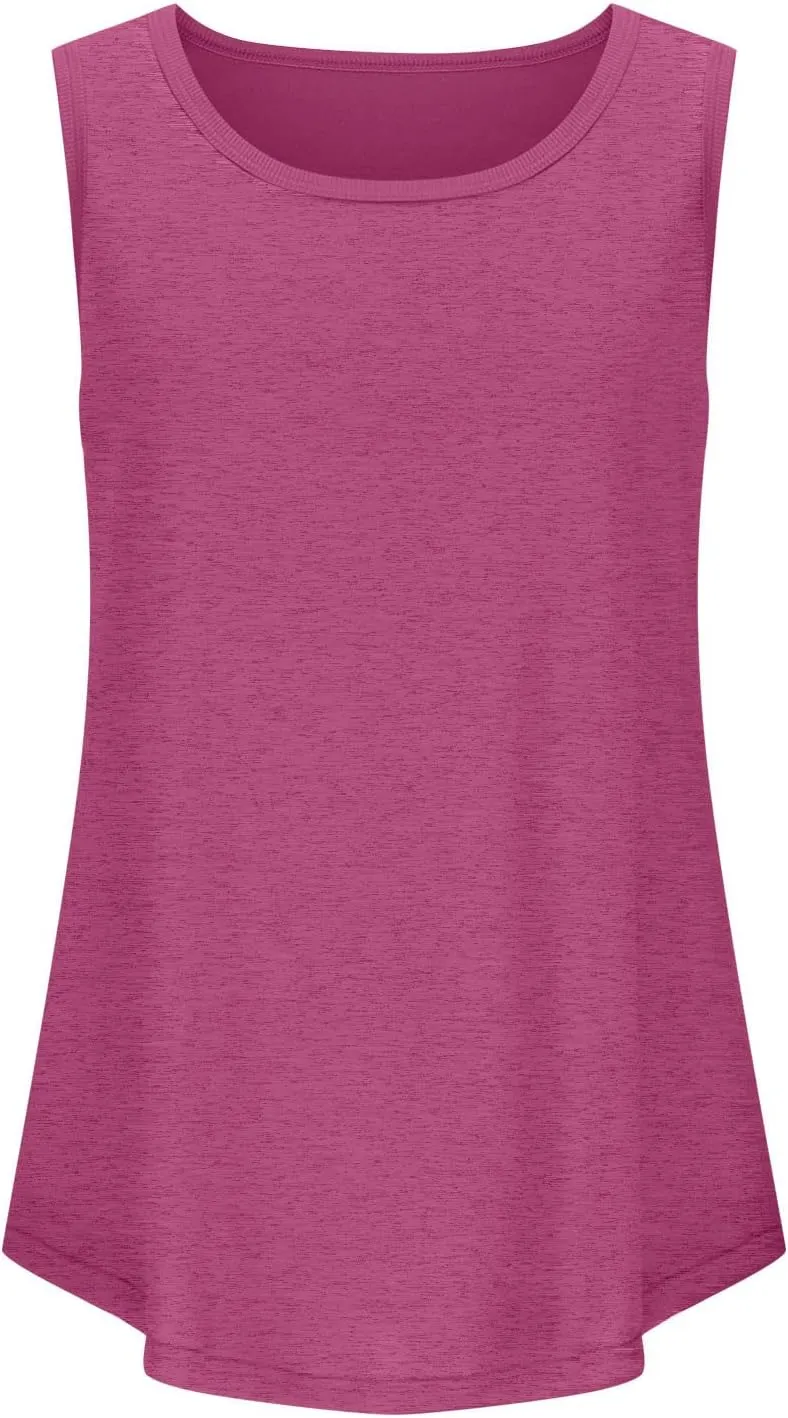 Women Tunic Tank Tops Summer Ribbed Trim Sleeveless T-Shirts Casual Crewneck Curved Hem Flowy Loose Fit Tanks Shirts