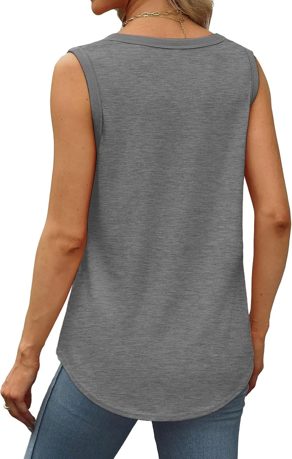 Women Tunic Tank Tops Summer Ribbed Trim Sleeveless T-Shirts Casual Crewneck Curved Hem Flowy Loose Fit Tanks Shirts