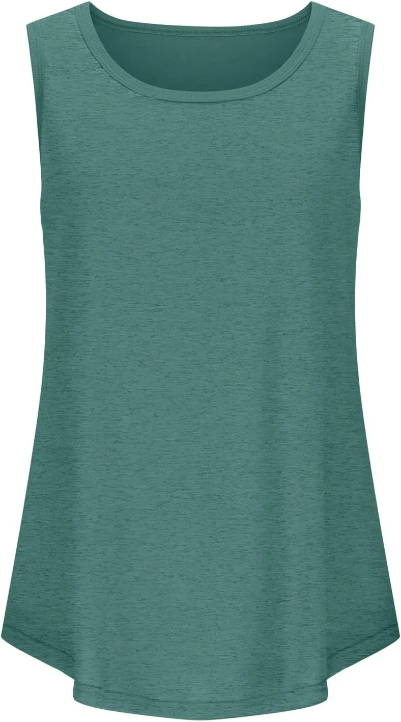 Women Tunic Tank Tops Summer Ribbed Trim Sleeveless T-Shirts Casual Crewneck Curved Hem Flowy Loose Fit Tanks Shirts