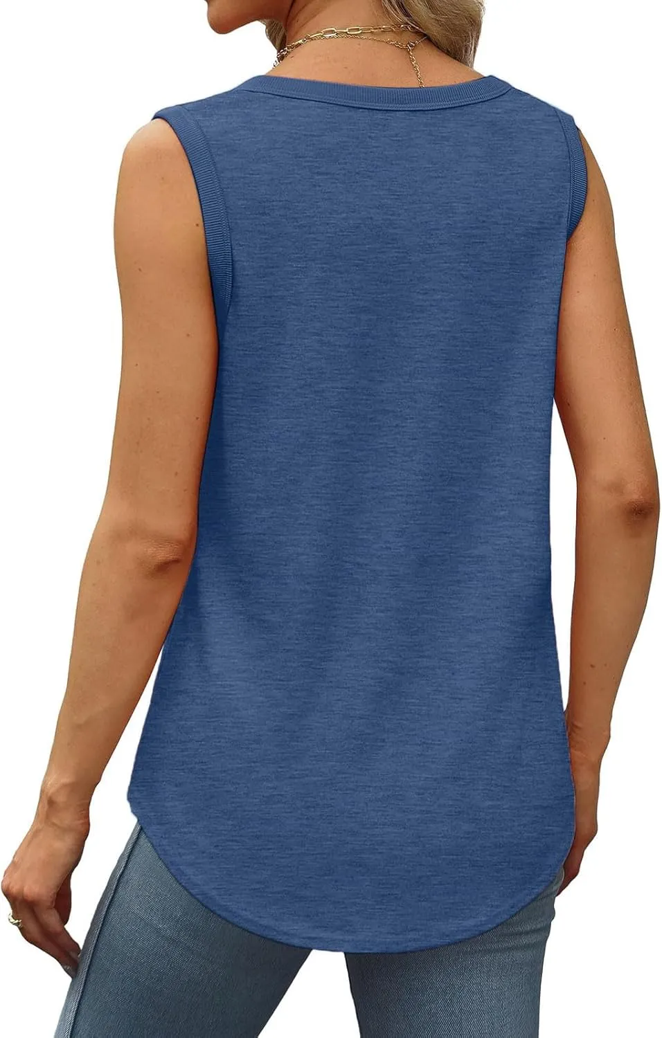 Women Tunic Tank Tops Summer Ribbed Trim Sleeveless T-Shirts Casual Crewneck Curved Hem Flowy Loose Fit Tanks Shirts