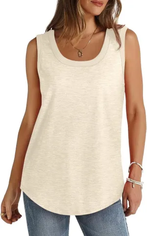 Women Tunic Tank Tops Summer Ribbed Trim Sleeveless T-Shirts Casual Crewneck Curved Hem Flowy Loose Fit Tanks Shirts