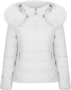 Women Warm Winter Down Puffer Jacket Trendy Hooded Winter Puffer Coat with Faux Fur Lined Hood and Collar