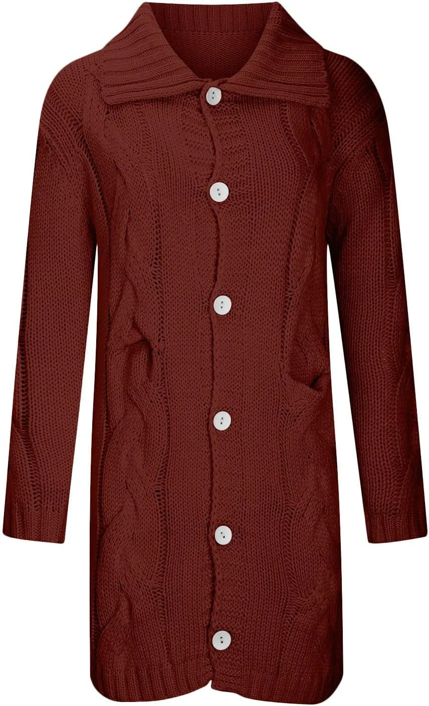 Womens 2024 Long Sleeve Cable Knit Long Cardigan Open Front Button Sweaters Fall Winter Chunky Overcaot with Pockets