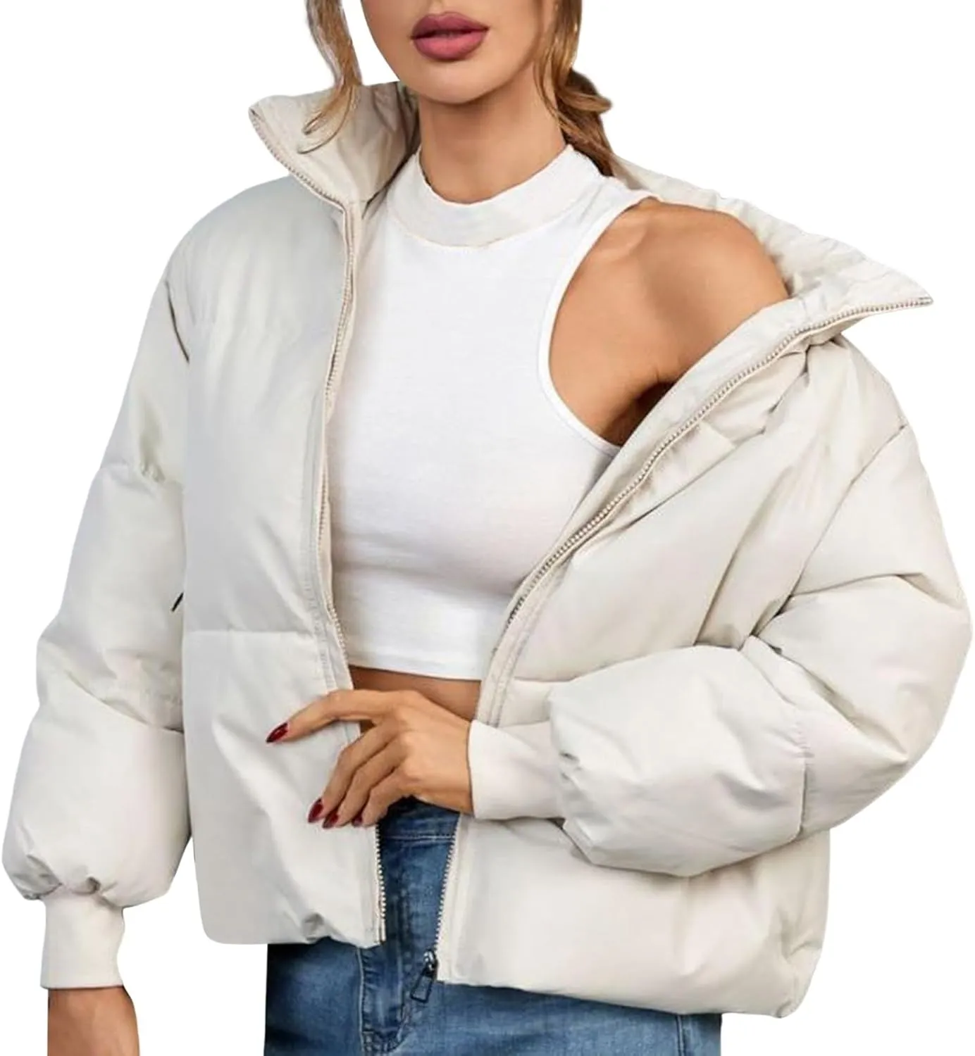 Women's 2024 Winter Long Sleeve Zipper Puffer Crop Jacket Pockets Baggy Short Coats Jackets Casual Outerwear