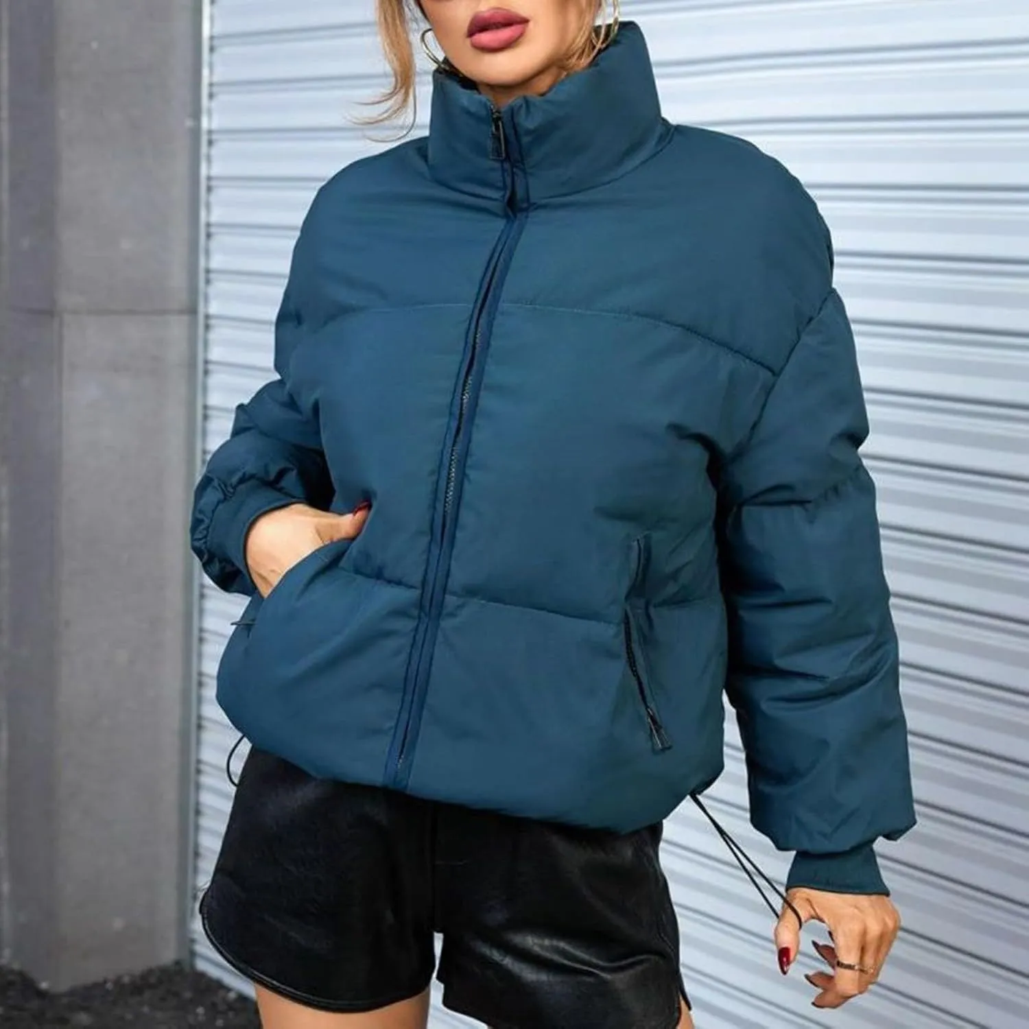 Women's 2024 Winter Long Sleeve Zipper Puffer Crop Jacket Pockets Baggy Short Coats Jackets Casual Outerwear