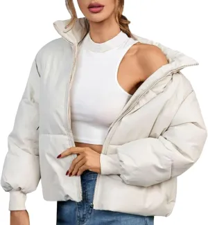 Women's 2024 Winter Long Sleeve Zipper Puffer Crop Jacket Pockets Baggy Short Coats Jackets Casual Outerwear