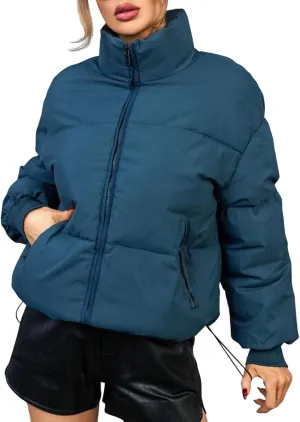 Women's 2024 Winter Long Sleeve Zipper Puffer Crop Jacket Pockets Baggy Short Coats Jackets Casual Outerwear