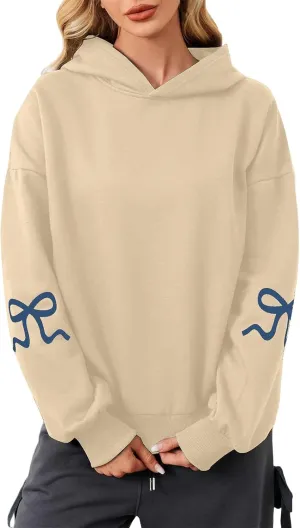 Women's Bow Trim Print Oversized Crewneck Sweatshirt Cute Graphic Sweatshirts Long Sleeve Pullover Y2k Tops