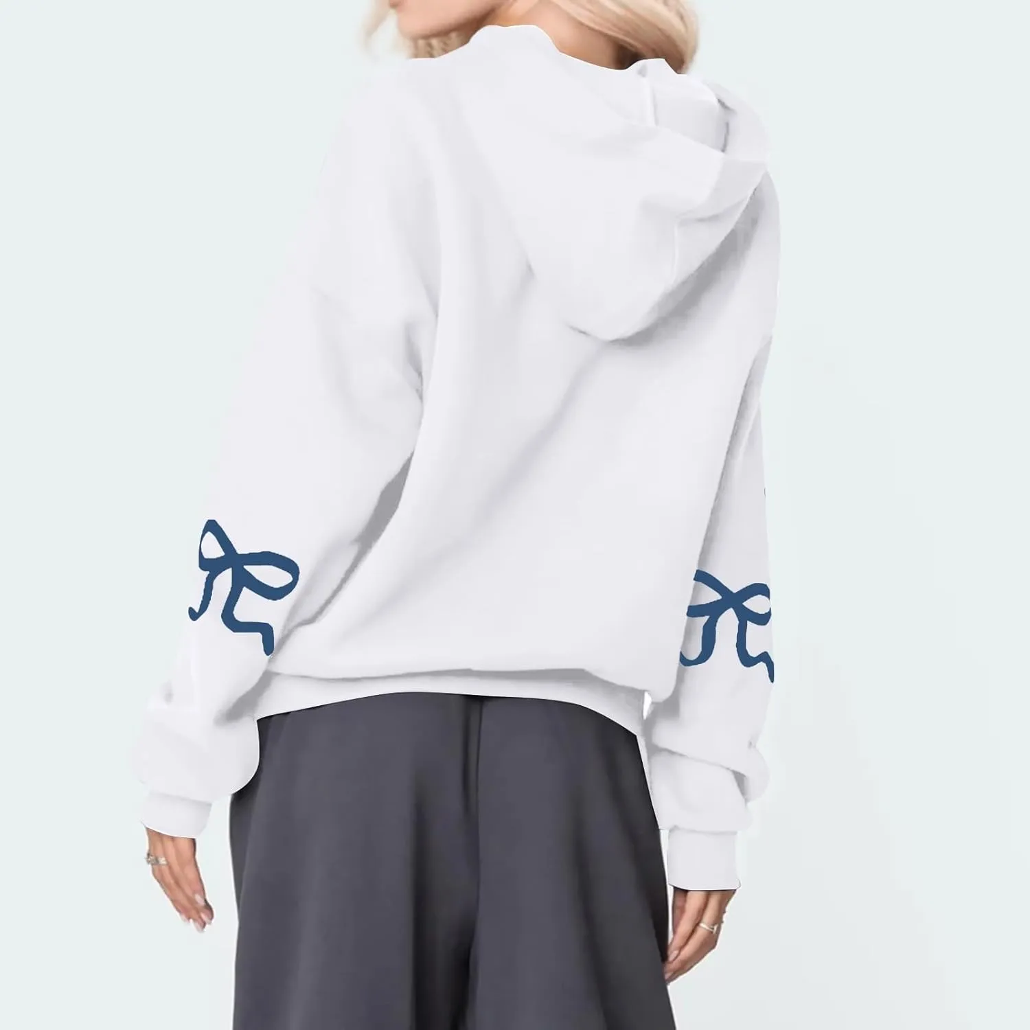 Women's Bow Trim Print Oversized Crewneck Sweatshirt Cute Graphic Sweatshirts Long Sleeve Pullover Y2k Tops
