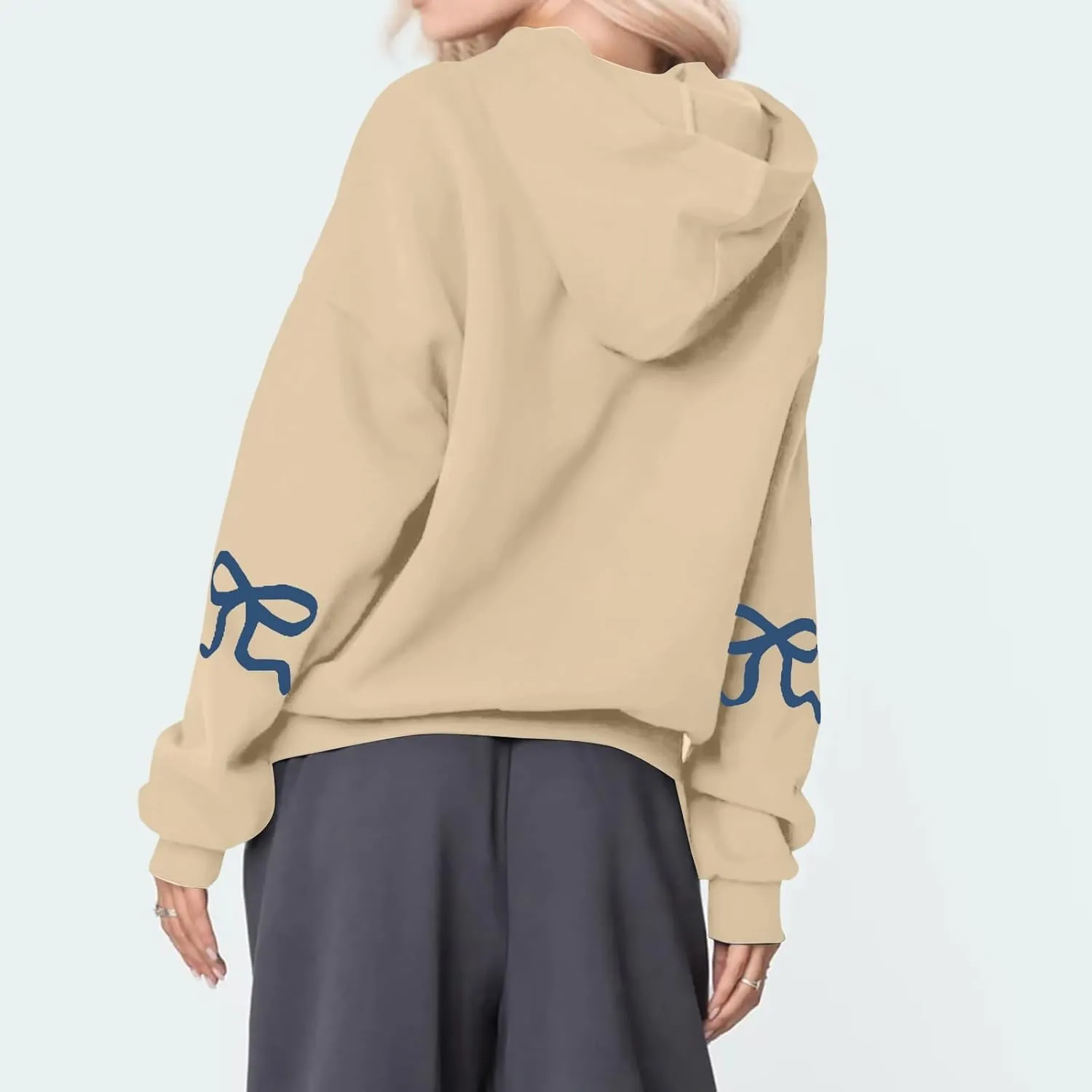 Women's Bow Trim Print Oversized Crewneck Sweatshirt Cute Graphic Sweatshirts Long Sleeve Pullover Y2k Tops