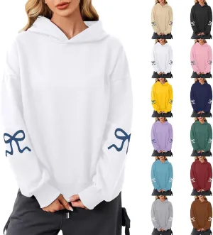Women's Bow Trim Print Oversized Crewneck Sweatshirt Cute Graphic Sweatshirts Long Sleeve Pullover Y2k Tops