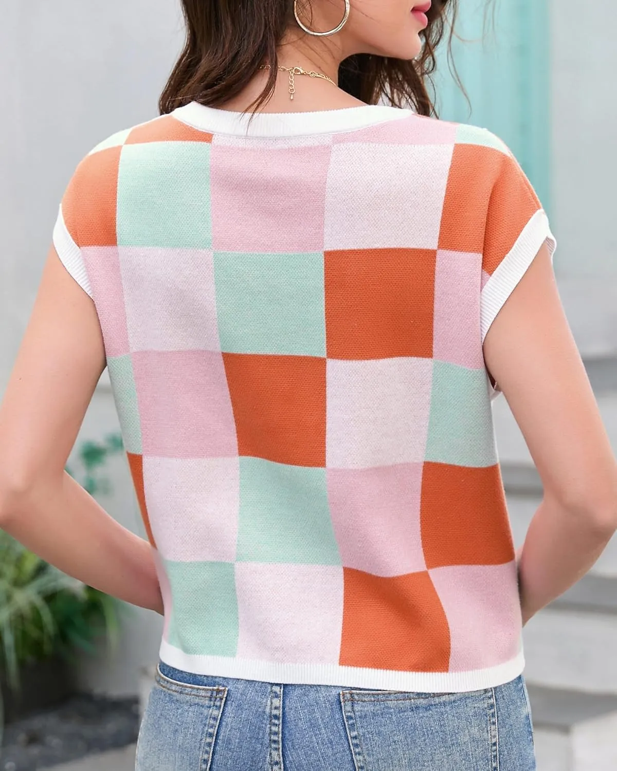 Womens Cap Sleeve Summer Tops Crop Checkered Y2K Outfits Cute Preppy Clothes Loose Fit Lightweight Short Sleeve Sweater