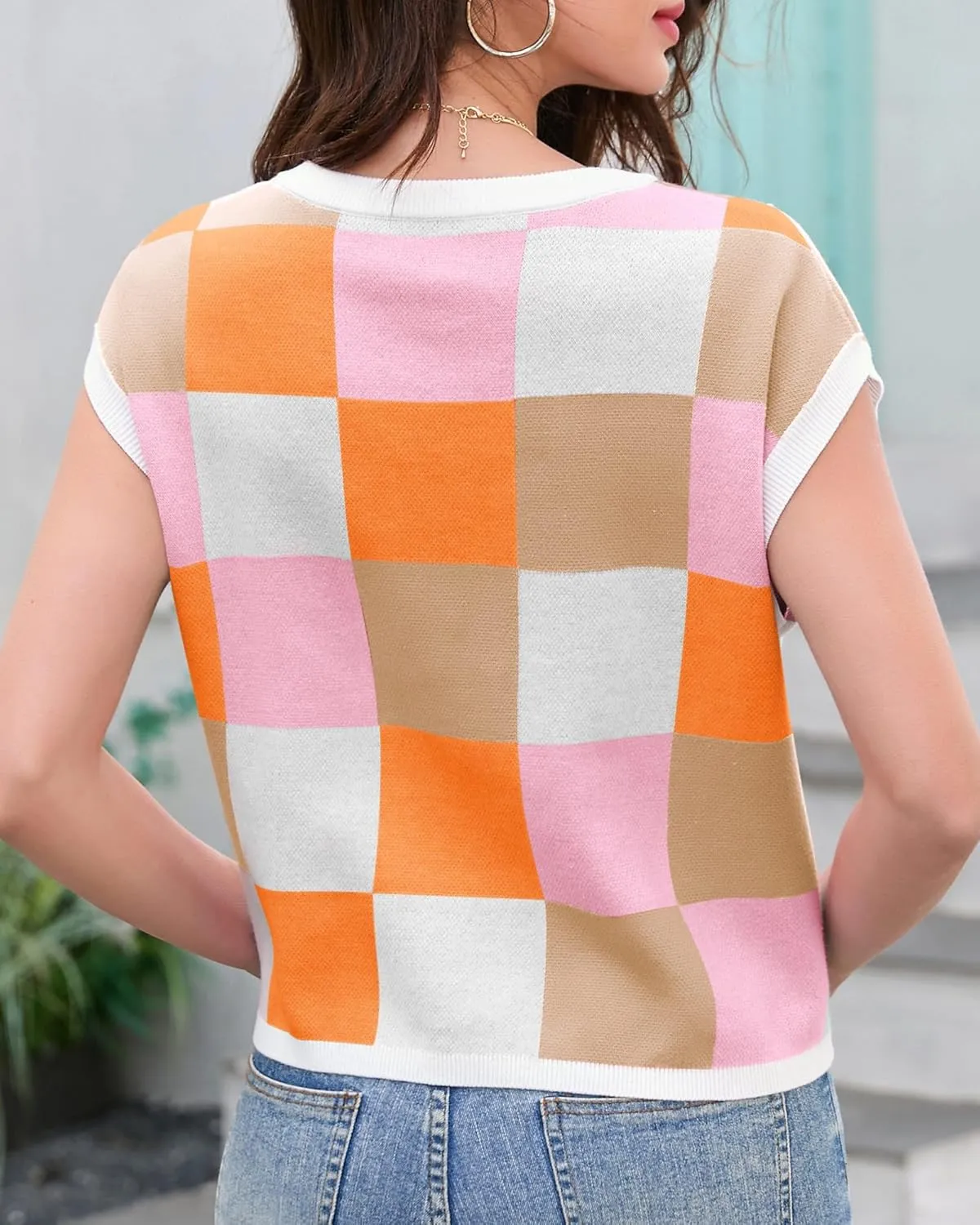 Womens Cap Sleeve Summer Tops Crop Checkered Y2K Outfits Cute Preppy Clothes Loose Fit Lightweight Short Sleeve Sweater