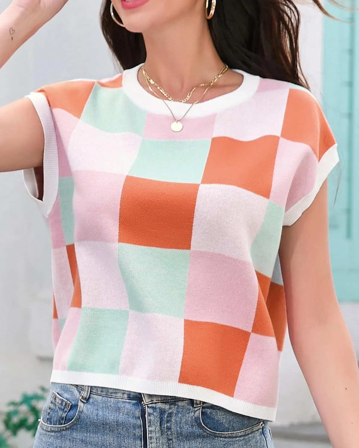 Womens Cap Sleeve Summer Tops Crop Checkered Y2K Outfits Cute Preppy Clothes Loose Fit Lightweight Short Sleeve Sweater