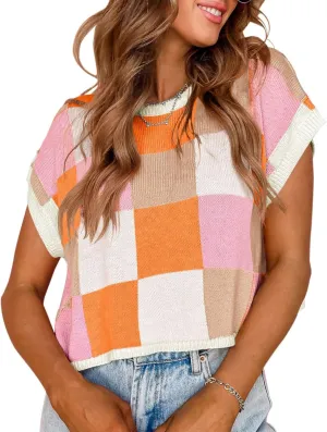 Womens Cap Sleeve Summer Tops Crop Checkered Y2K Outfits Cute Preppy Clothes Loose Fit Lightweight Short Sleeve Sweater