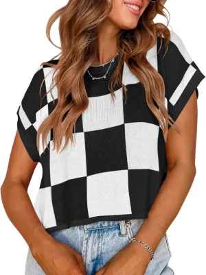 Womens Cap Sleeve Summer Tops Crop Checkered Y2K Outfits Cute Preppy Clothes Loose Fit Lightweight Short Sleeve Sweater