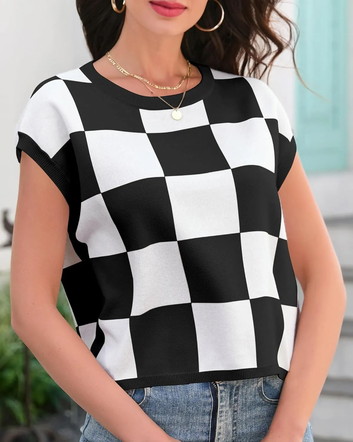 Womens Cap Sleeve Summer Tops Crop Checkered Y2K Outfits Cute Preppy Clothes Loose Fit Lightweight Short Sleeve Sweater