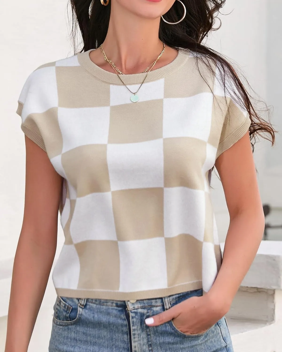 Womens Cap Sleeve Summer Tops Crop Checkered Y2K Outfits Cute Preppy Clothes Loose Fit Lightweight Short Sleeve Sweater