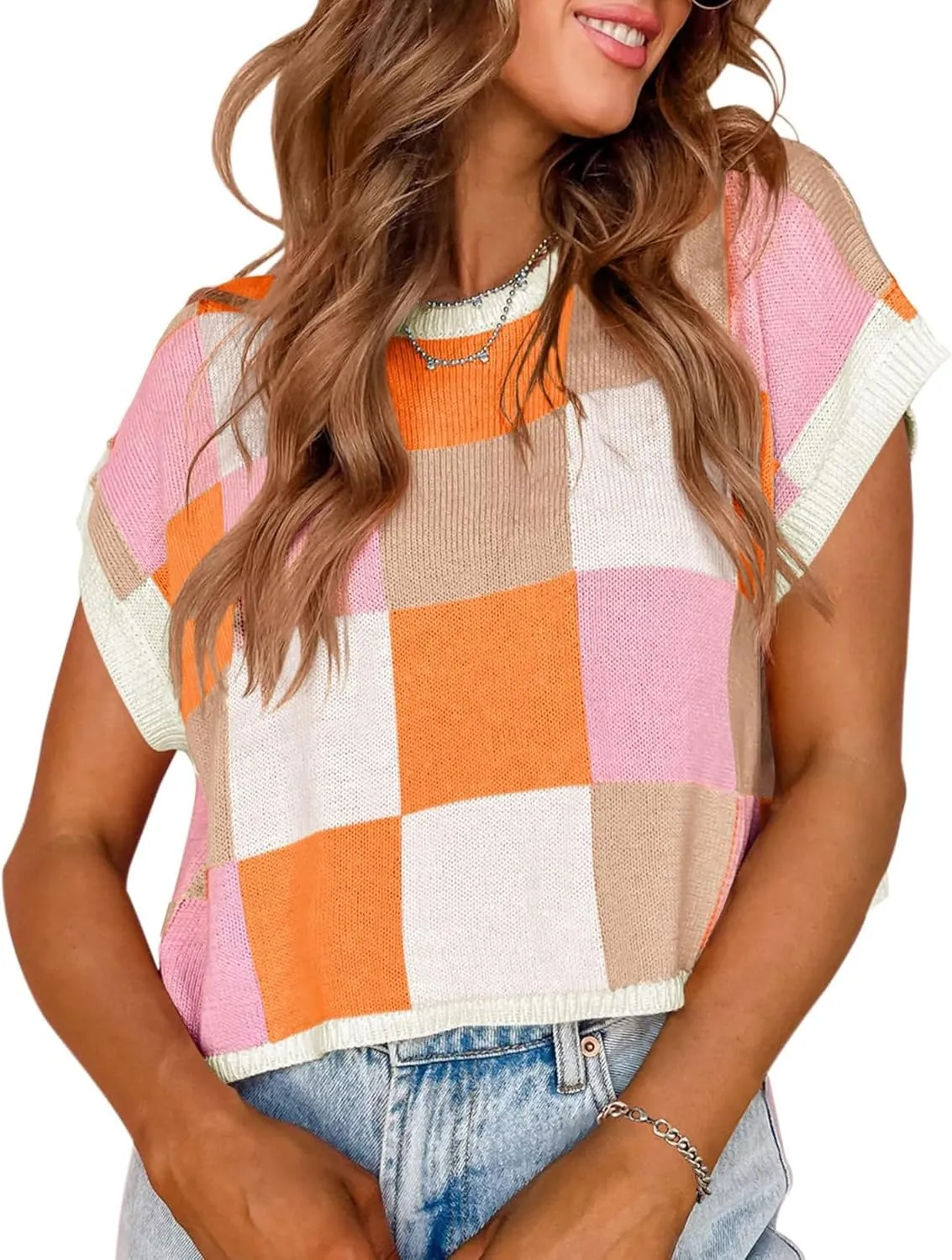Womens Cap Sleeve Summer Tops Crop Checkered Y2K Outfits Cute Preppy Clothes Loose Fit Lightweight Short Sleeve Sweater