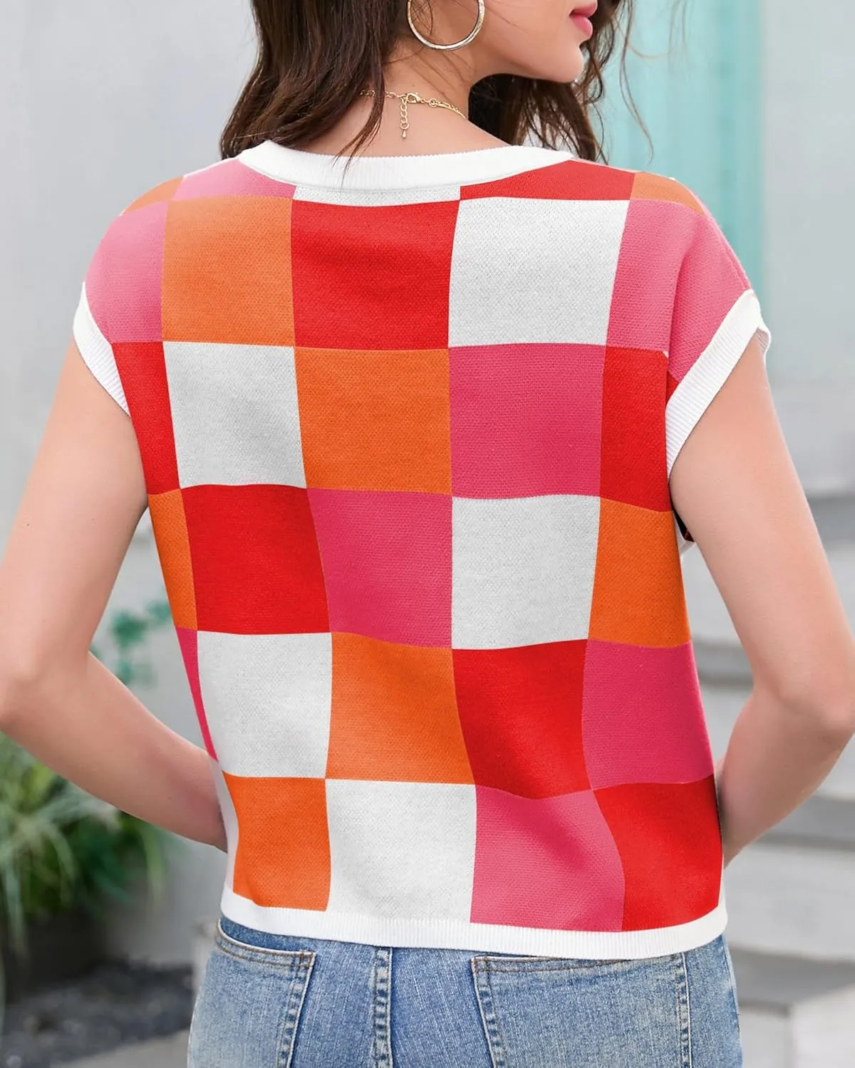 Womens Cap Sleeve Summer Tops Crop Checkered Y2K Outfits Cute Preppy Clothes Loose Fit Lightweight Short Sleeve Sweater