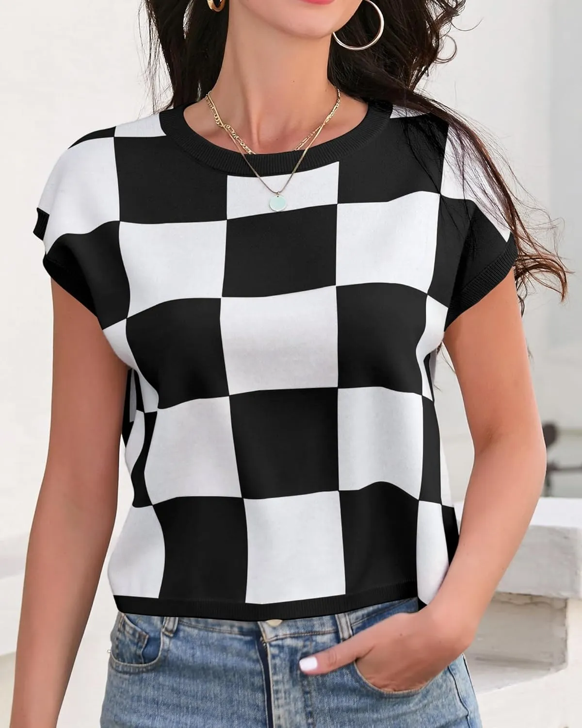 Womens Cap Sleeve Summer Tops Crop Checkered Y2K Outfits Cute Preppy Clothes Loose Fit Lightweight Short Sleeve Sweater