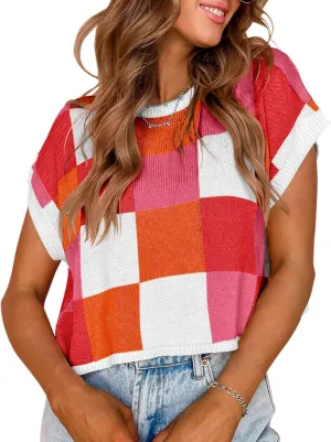 Womens Cap Sleeve Summer Tops Crop Checkered Y2K Outfits Cute Preppy Clothes Loose Fit Lightweight Short Sleeve Sweater