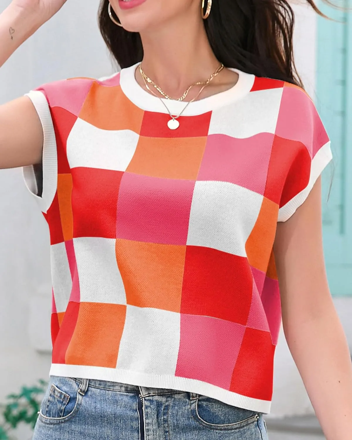 Womens Cap Sleeve Summer Tops Crop Checkered Y2K Outfits Cute Preppy Clothes Loose Fit Lightweight Short Sleeve Sweater
