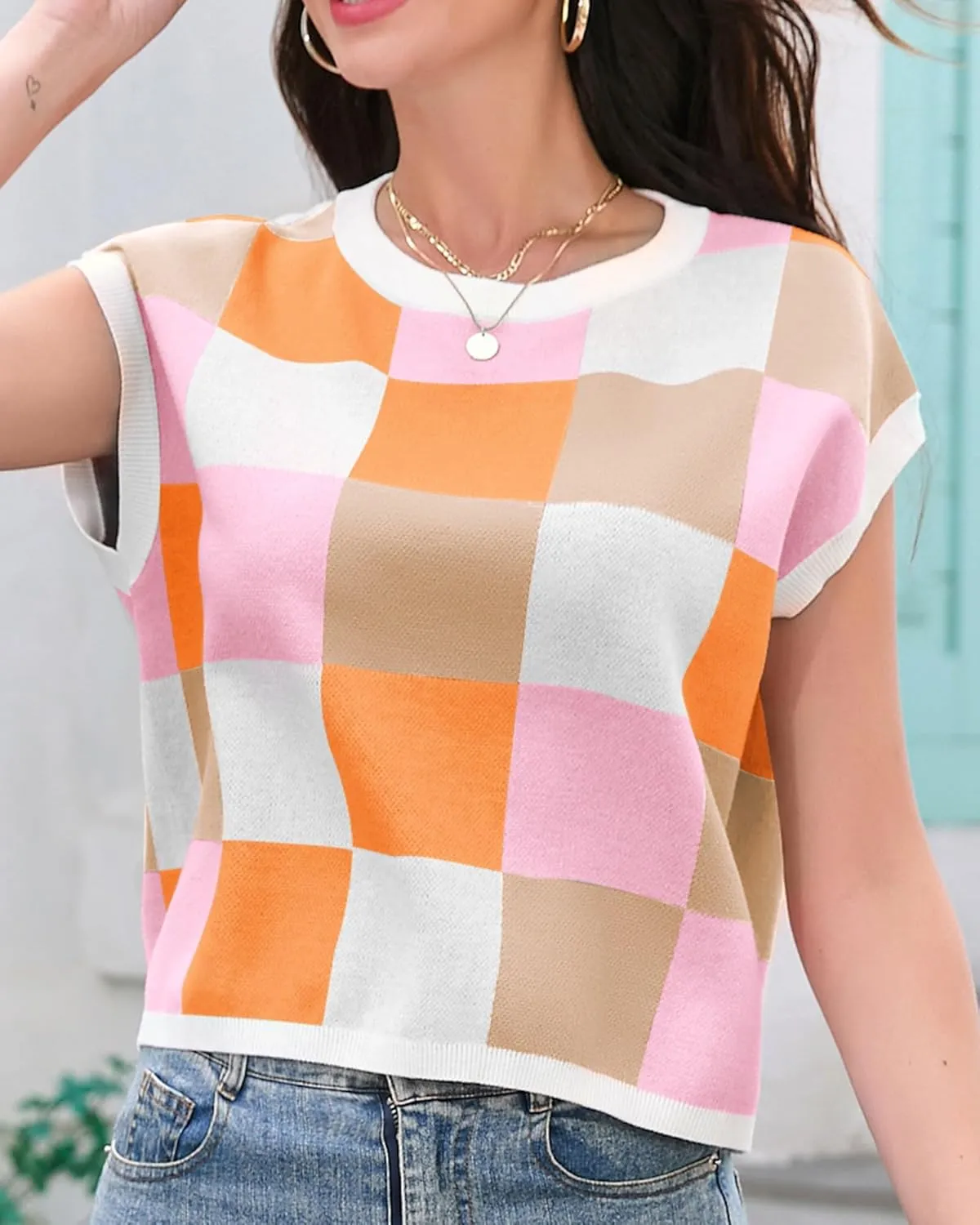 Womens Cap Sleeve Summer Tops Crop Checkered Y2K Outfits Cute Preppy Clothes Loose Fit Lightweight Short Sleeve Sweater