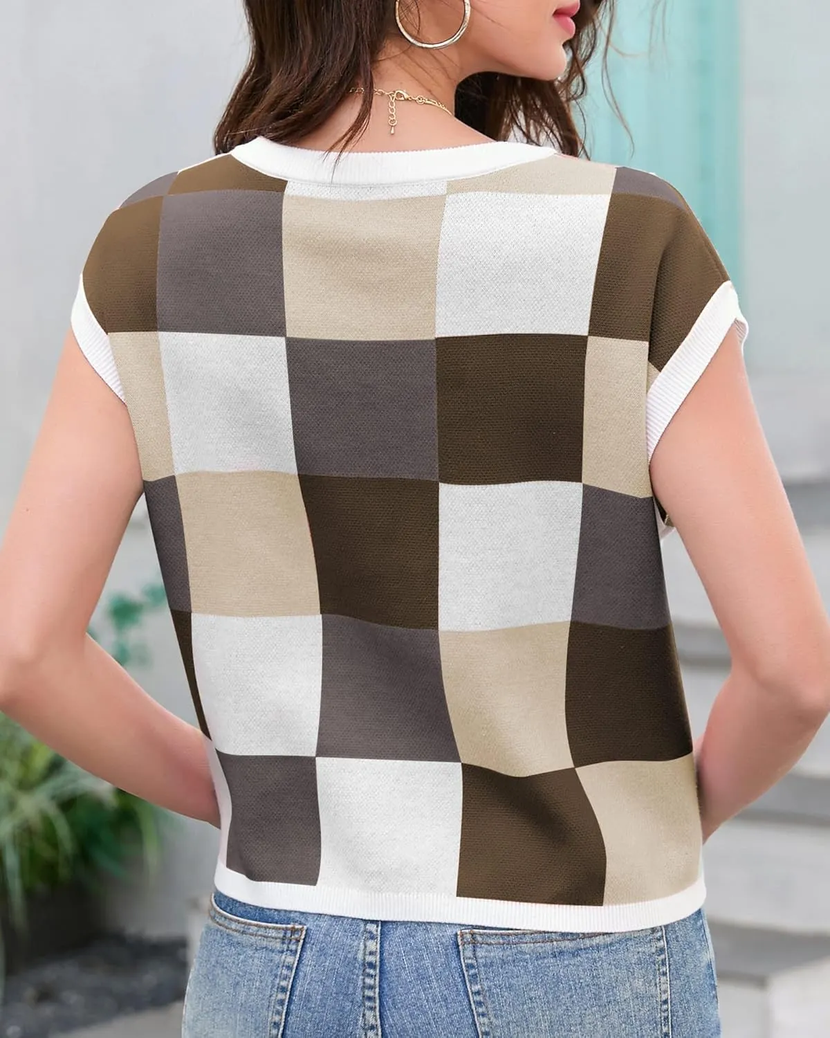 Womens Cap Sleeve Summer Tops Crop Checkered Y2K Outfits Cute Preppy Clothes Loose Fit Lightweight Short Sleeve Sweater