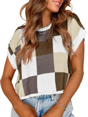 Womens Cap Sleeve Summer Tops Crop Checkered Y2K Outfits Cute Preppy Clothes Loose Fit Lightweight Short Sleeve Sweater