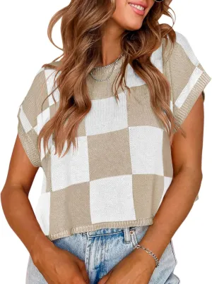 Womens Cap Sleeve Summer Tops Crop Checkered Y2K Outfits Cute Preppy Clothes Loose Fit Lightweight Short Sleeve Sweater