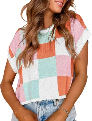 Womens Cap Sleeve Summer Tops Crop Checkered Y2K Outfits Cute Preppy Clothes Loose Fit Lightweight Short Sleeve Sweater