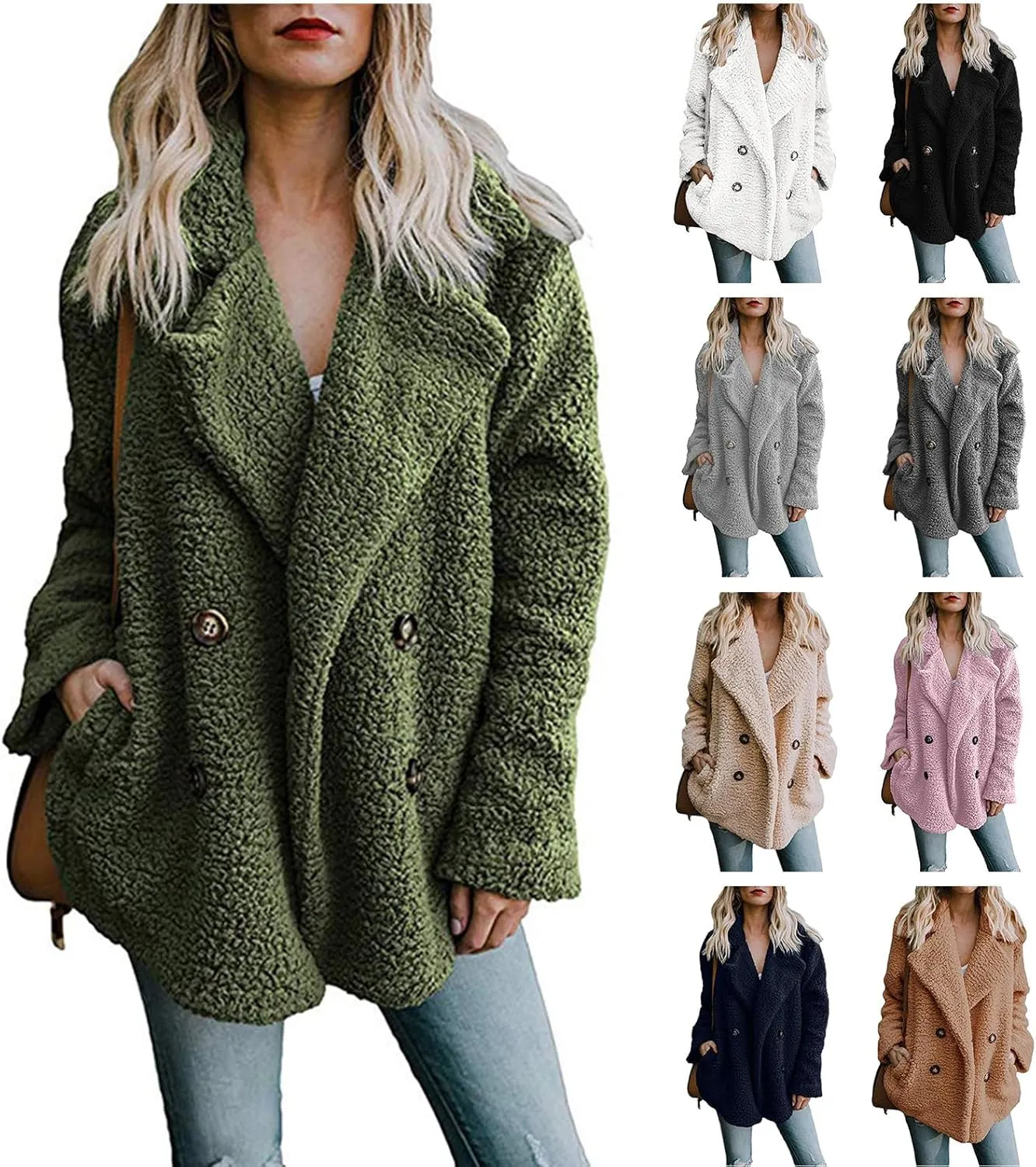 Women's Casual Lapel Faux Shearling Jacket Fleece Fuzzy Coat Winter Warm Shaggy Oversized Button Down Cardigan Coats