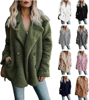 Women's Casual Lapel Faux Shearling Jacket Fleece Fuzzy Coat Winter Warm Shaggy Oversized Button Down Cardigan Coats