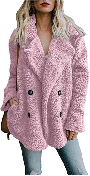 Women's Casual Lapel Faux Shearling Jacket Fleece Fuzzy Coat Winter Warm Shaggy Oversized Button Down Cardigan Coats