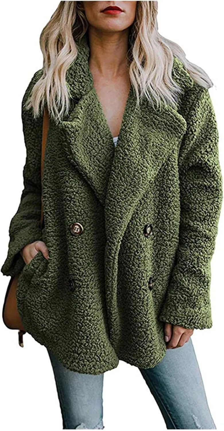 Women's Casual Lapel Faux Shearling Jacket Fleece Fuzzy Coat Winter Warm Shaggy Oversized Button Down Cardigan Coats
