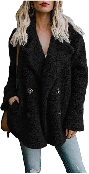 Women's Casual Lapel Faux Shearling Jacket Fleece Fuzzy Coat Winter Warm Shaggy Oversized Button Down Cardigan Coats