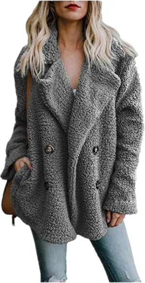 Women's Casual Lapel Faux Shearling Jacket Fleece Fuzzy Coat Winter Warm Shaggy Oversized Button Down Cardigan Coats