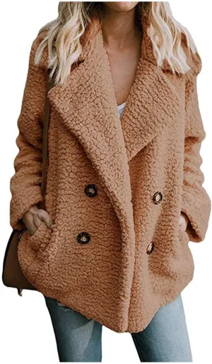 Women's Casual Lapel Faux Shearling Jacket Fleece Fuzzy Coat Winter Warm Shaggy Oversized Button Down Cardigan Coats