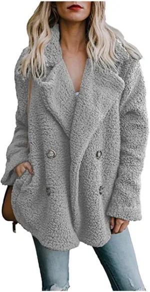 Women's Casual Lapel Faux Shearling Jacket Fleece Fuzzy Coat Winter Warm Shaggy Oversized Button Down Cardigan Coats