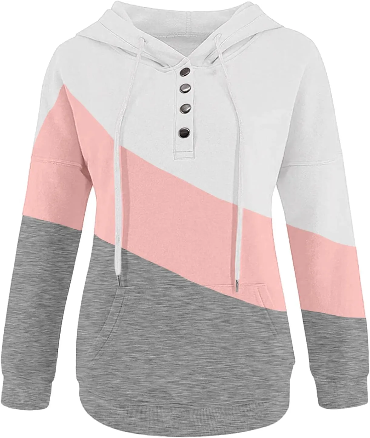 Women's Casual Long Sleeve Hoodies Color Block Button Down Hooded Drawstring Pullover Sweatshirt Tops with Pocket